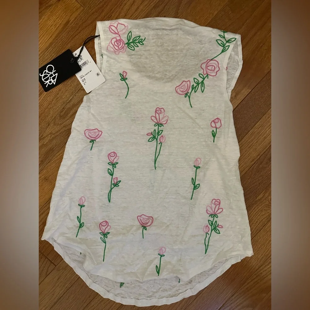 NWT Chaser White  Sleeveless  Linen Top with Rose Embroidery and Green Stem - Picture 3 of 4